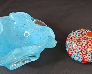 Murano Millefiori Paperweight And Hand Blown Blue Bowl