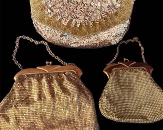 Two Vintage Whiting And Davis Goldmesh Hand Bags And A Golden Sequin Clutch