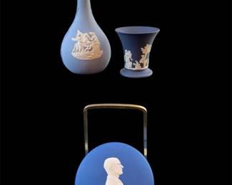 Wedgewood Jasperware Trinket Box, Miniature Trumpet Vase Bud Vase