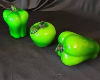 Murano Glass Art Green Peppers And an Apple