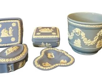 Wedgwood Blue Jasperware Collection Lion Head Jardiniere And Trinket Boxes