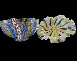 2 Pcs Murano Glass Latticino Footed Bowl Striped Ruffled Bowl