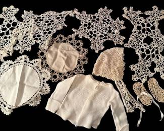 Vintage Doll Crocheted Clothes And 6 Delicate Hand Crocheted Doilies Mystery Lot
