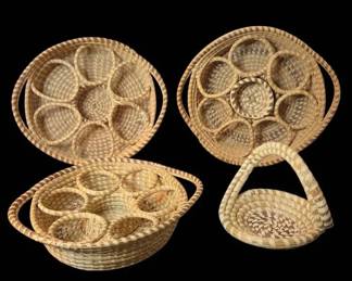 Vintage Charleston Gullah Sweetgrass Basket Lot 3 Drink Caddies And Handle Basket