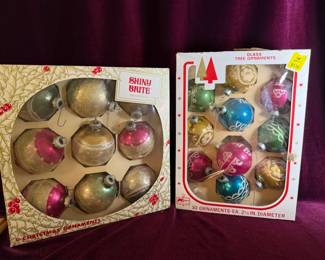 Box Of Nine Vintage Shiny Brite Ornaments And More