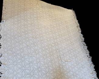 Vtg Handmade Crocheted White Spread W Fringe