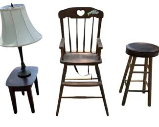 Vintage Wooden High Chair, Round Bar Stool, Accent Table Lamp Combo