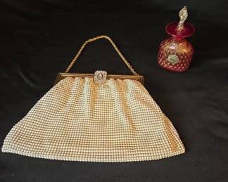 Vintage Whiting Davis White Enamel Mesh Evening Bag Murano Venezia Perfume Bottlle