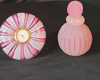 Murano Latticino Ribbon Glass Around A Quartz Clock And Murano Perfume Bottle