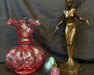Curated Vintage Estate Collection Fenton Pink Optic Vase, Bronze Nude Sculpture Iridescent Glass