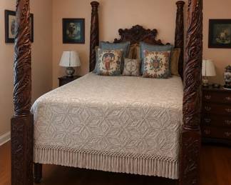 SEE DESCRIPTIONStunning Full Size Carved Wood Bed Frame With Box Spring And Mattress