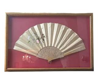 Antique 19th Century French Hand Painted Fan In A Shadow Box Frame