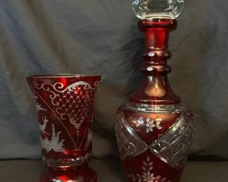 Czech Bohemian Cut To Clear Glass Pair Of Decanters And Vase All In Ruby Red