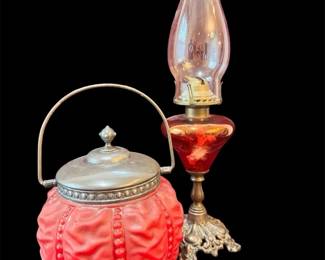 Victorian Era Biscuit Jar And Vintage Oil Lamp