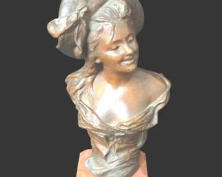 Antique Georges Van der Straeten Bronze Bust Art Noveau Jeune Femme au Chapeau