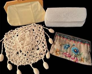 Four Light Colored Clutches Featuring VintageAntique Hand Beaded Push Button Closure Hand Bag