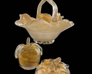 Vtg Murano Gold White Glass Basket W6 Pcs Fruit