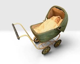 Vintage Victorian Green Wicker Baby Doll Carriage W 40s Era Doll