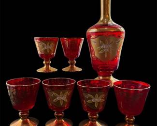 Vtg Murano Venetian Art Ruby Red Gold Decanter 6 Wine Glasses