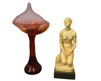 Vintage French Figural Sculpture, Nude Woman with Dog And Pink Jack In The Pulpit Style Vase