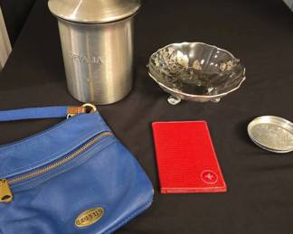 Vintage 25th Anniversary Bowl, Fossil Crossbag, Gevalia Coffee Canisters Aluminum Coasters