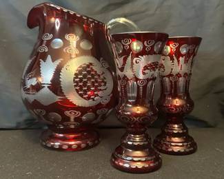 Czech Bohemian Cut To Clear Glass Pitcher And Pair of Vases