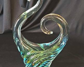 Murano Blue And Green Abstract Swan Basket