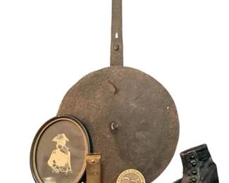 CopperColored Letter Opener, 19th Cent. Leather Shoe, Vintage Brass Match Case, And More