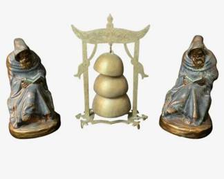 Vintage Bronzed Monk Bookends And Triple Tiered Asian Temple Bell