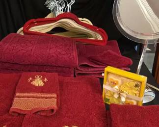 Burgundy Gold Towels, Make Up Mirror And Velvet Style Hangers