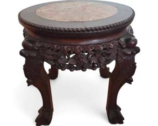 02 18 Antique Chinese Hand Carved Rosewood Plant Stand With Marble Top