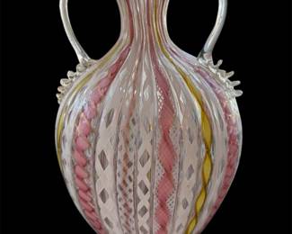 Vtg. Murano Latticino Handled Vase