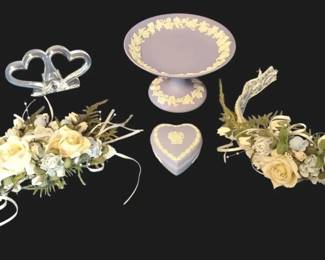 Vintage Wedgewood Jasperware Pedestal Dish, Heart Decor And Floral Arrangements Bundle