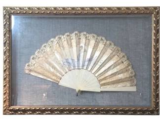 Antique Victorian Era Hand Painted Fan In Gilded Shadowbox Frame