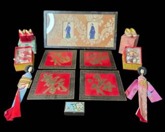 Vintage Asian Art And Decor Lot Pith Paintings, Hinamarsuri Acessories And Brass Trivets