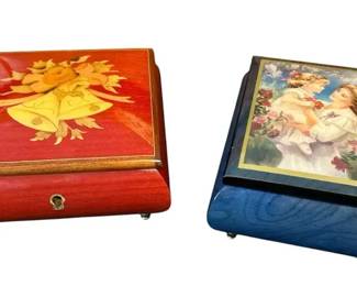 Exquisite Italian Marquetry And Fine Art Jewelry And Trinket Music Box Pair