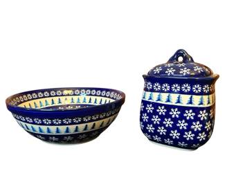 Bolesawiec Polish Stoneware snowflakes Tree Serving bowl Lidded Jar Set