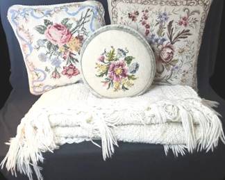 Collection Of Vintage Needlepoint Floral Throw Pillows Knitted Throw Blanket