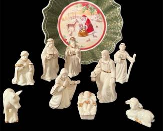 Vintage Nine Piece Lefton Nativity Set In White And Gold Colors Plus 9.5 Inch Villeroy Bosch Toys