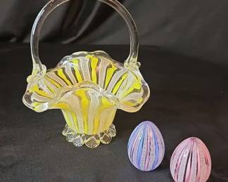 Vintage Latticino Hand Blown Glass Basket And Matching Eggs