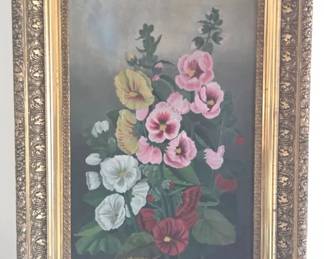 Antique 19th Century Victorian Floral Still Life Hollyhocks In Ornate Gilded Frame