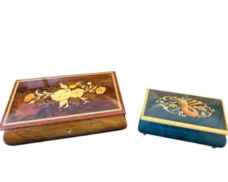 Vintage Reuge Swiss Musical Box Duo Teal And Floral Inlaid Set