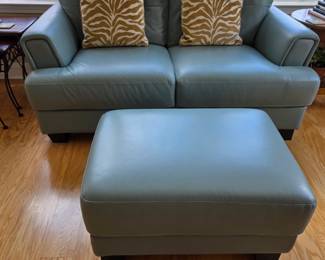 Leather loveseat + ottoman