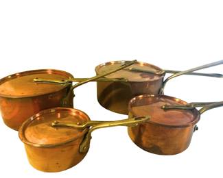 Graduated Set of Four French Copper Saucepans Lids