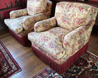 Pair of Upholstered Club Chairs in Chintz with Down Cushions