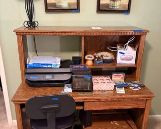 Large desk, office chair, lamp, wall art, HP printer