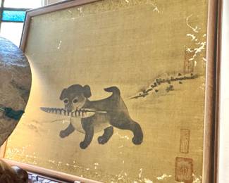 Chinese Ink & Color Puppy on Gold Silk Painting with Artist Seals