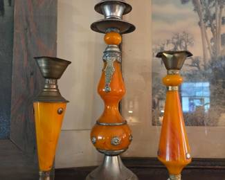 Tall Hollywood Regency Amber Acrylic & Pewter Tone Candlestick