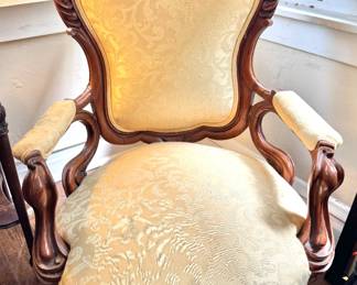 Victorian Balloon Back Walnut Parlor Armchair with Damask Upholstery