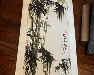 Vintage Hand painted Chinese Ink Wash Hanging scroll painting Bamboo (Mozhu) with porcelain roller ends